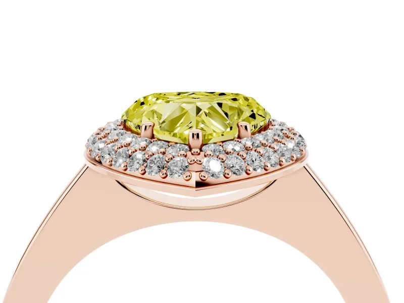 Fancy Yellow Heart Cut Diamond Halo Engagement Ring Set in Rose gold with Solitaire Band and Prong Setting