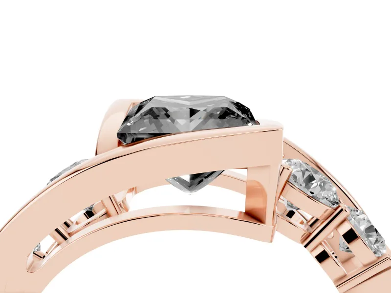 Fancy Black Princess Cut Diamond Bezel Bypass Ring Set in Rose gold with Round Accents