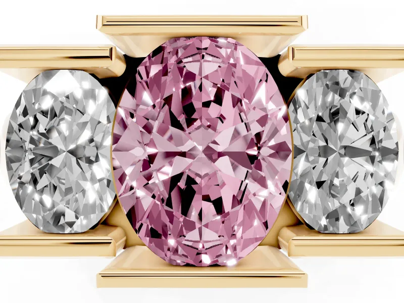 Fancy Pink Oval Cut Diamond Three-Stone Channel Set Ring Set in Yellow gold with Smooth Polished Band