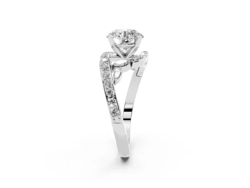 Round Cut Diamond Solitaire Ring Set in White gold with Pavé Twist Band and Secure Prong Setting