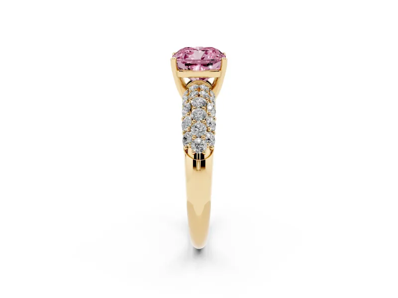Cushion Cut Multi Row Pave Engagement Ring Setting for a Fancy Pink Lab-Grown Diamond | Yellow Gold
