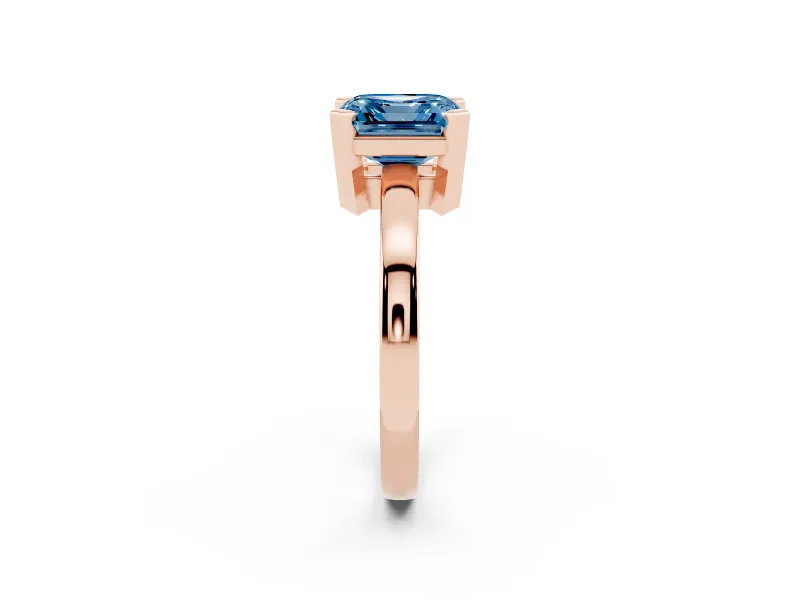 Fancy Blue Asscher Cut Diamond Solitaire Ring Set in Rose gold with Prong Head and Smooth Polished Band