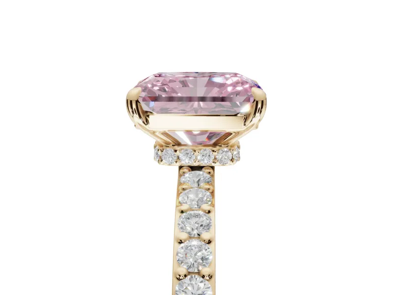 Radiant Cut Hidden Halo Engagement Ring Setting for a Fancy Pink Lab-Grown Diamond | Pavé Band | Yellow Gold