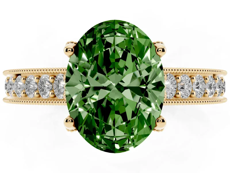 Oval Vintage Hidden Halo Engagement Ring Setting for a Fancy Green Lab-Grown Diamond | Milgrain Pave Band | Yellow Gold