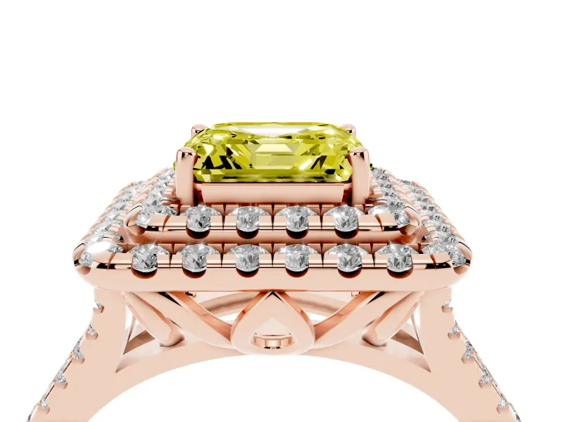Fancy Yellow Asscher Cut Diamond Double Halo Ring Set in Rose gold with Pavé Split Shank and Prong Setting