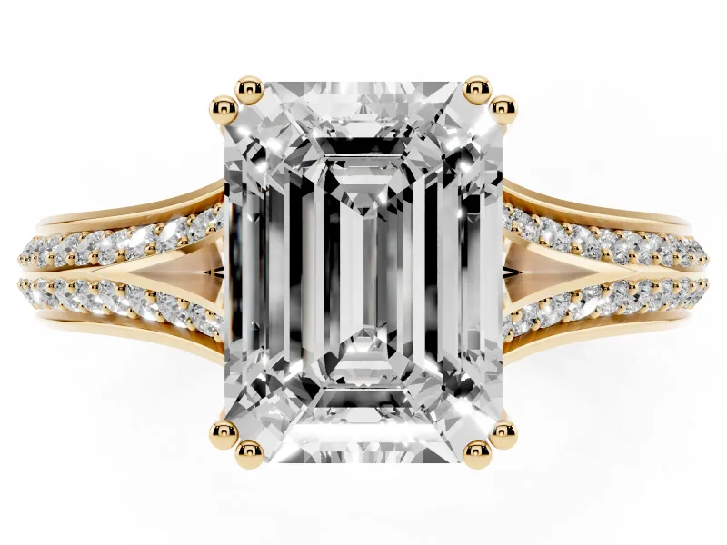 Emerald Cut Pave Split Shank Engagement Ring Setting | Double Claw Prongs | Yellow Gold