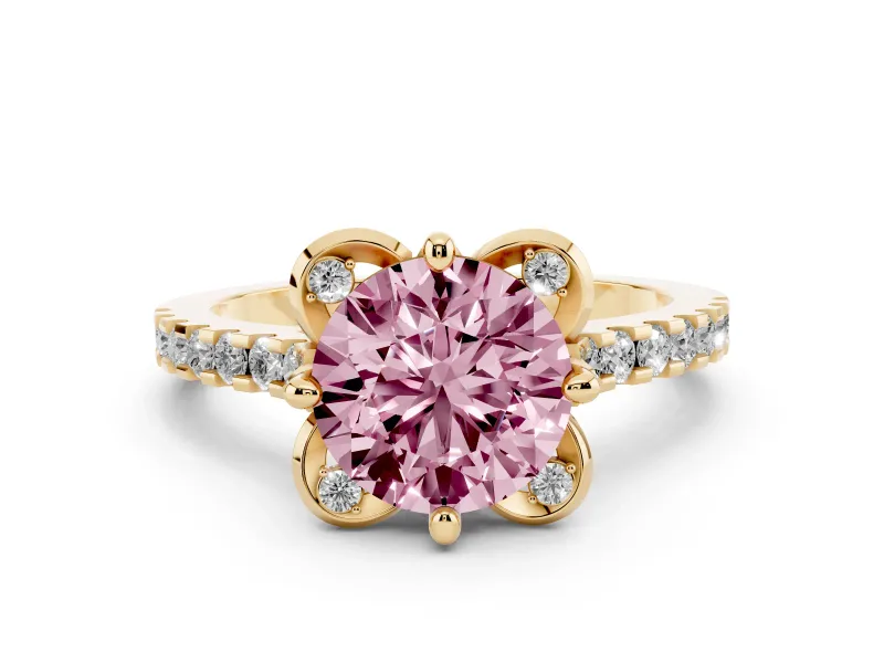 Fancy Pink Round Cut Diamond Solitaire Ring Set in Yellow gold with Pavé Band and Floral Prong Setting