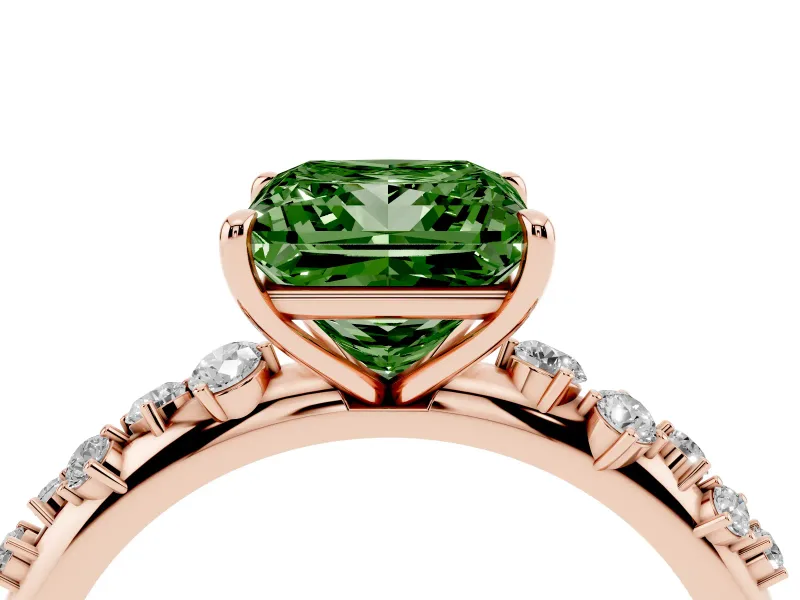 Fancy Green Princess Cut Diamond Cluster Solitaire Ring Set in Rose gold with Prong Setting