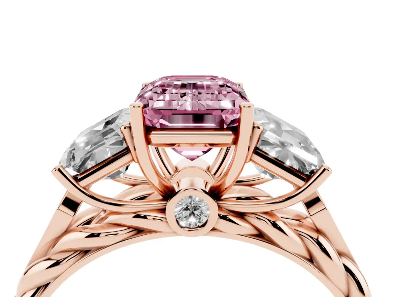 Emerald Cut Three Stone Engagement Ring Setting for a Fancy Pink Lab-Grown Diamond | Braided Band | Rose Gold