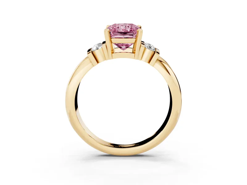 Fancy Pink Three-Stone Radiant Cut Diamond Channel Set Ring Set in Yellow gold with Bar Prongs