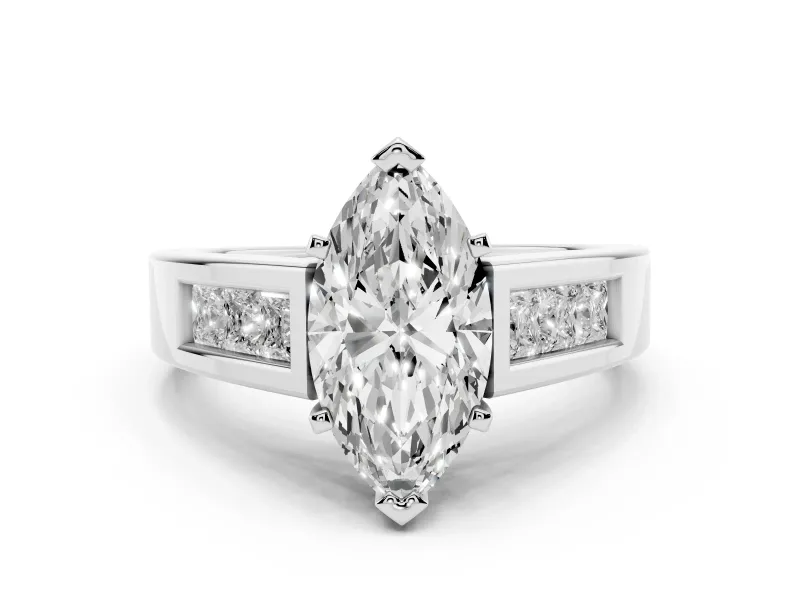 Marquise Cut Diamond Solitaire Ring Set in White gold with Channel-Set Accent Stones and Prong Setting