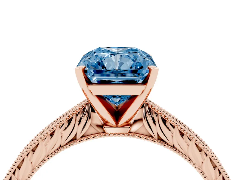Fancy Blue Radiant Cut Diamond Solitaire Milgrain Engraved Band Set in Rose gold with Prong Setting
