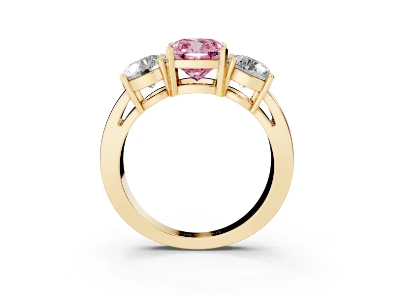 Cushion Cut Three Stone Engagement Ring Setting for a Fancy Pink Lab-Grown Diamond | Wide Plain Band | Yellow Gold