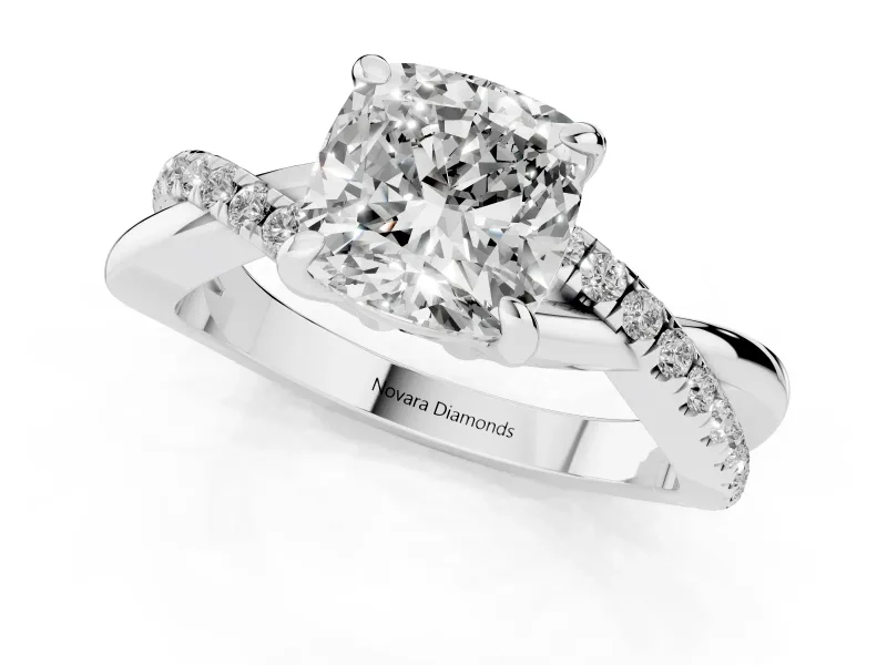 Cushion Cut Pavé Twist Engagement Ring Setting | Crossover Band | White Gold