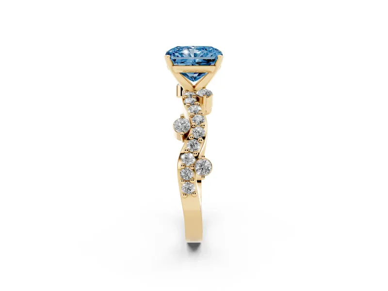 Fancy Blue Radiant Cut Diamond Solitaire Twisted Band Set in Yellow gold with Pavé Setting