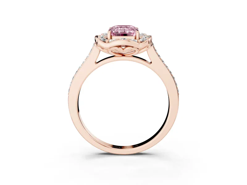 Emerald Cut Halo Engagement Ring Setting for a Fancy Pink Lab-Grown Diamond | Petal Tips | Rose Gold