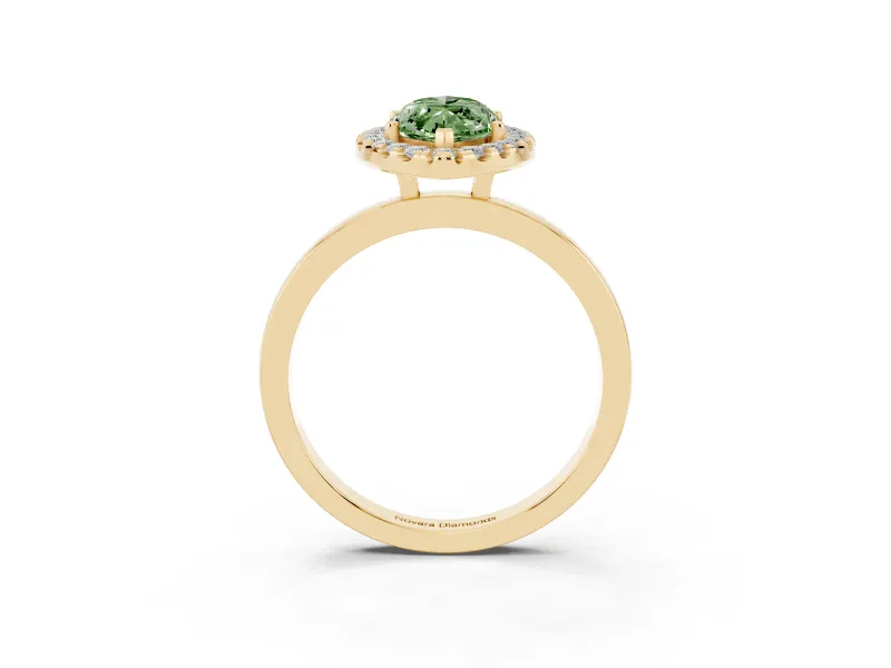 Fancy Green Marquise Cut Diamond Halo Solitaire Ring Set in Yellow gold with Pavé Band and Prong Setting