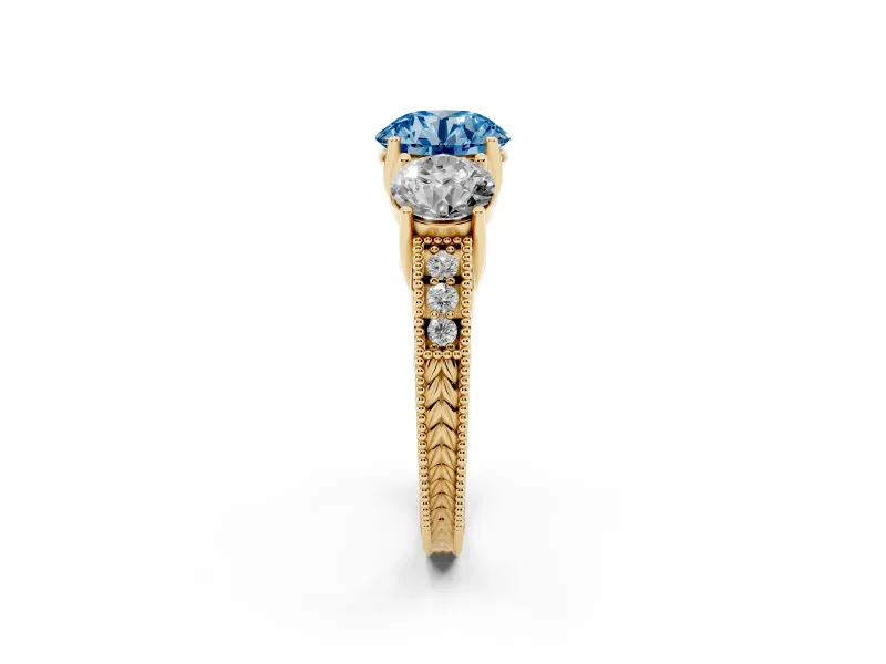 Round Vintage Three Stone Engagement Ring Setting for a Fancy Blue Lab-Grown Diamond | Yellow Gold