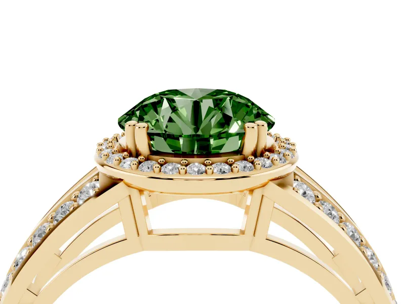 Round Halo Engagement Ring Setting for a Fancy Green Lab-Grown Diamond | Split Shank | Yellow Gold