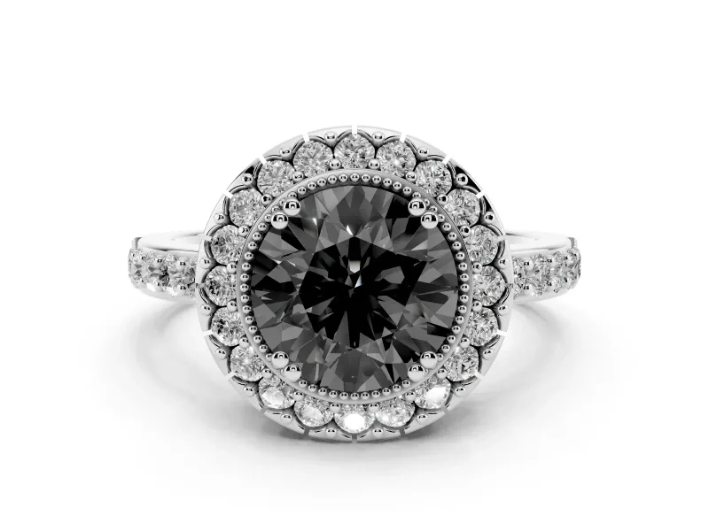 Fancy Black Round Cut Diamond Halo Ring Set in Platinum with Pavé Shank and Prong Setting