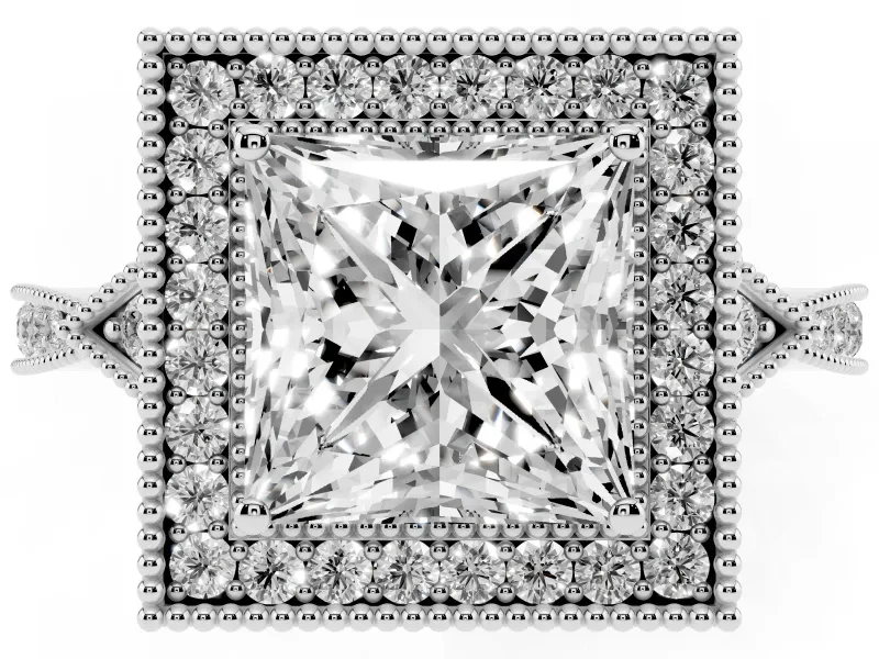 Princess Cut Diamond Halo Engagement Ring Set in Silver with Milgrain Pavé Band