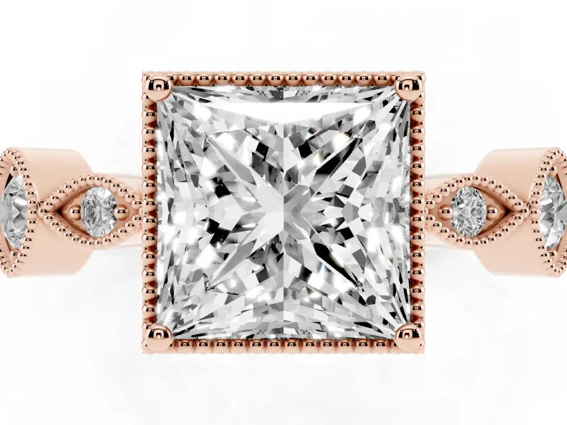 Princess Cut Diamond Vintage-Inspired Milgrain Ring Set in Rose gold with Marquise Stations of Round Accents
