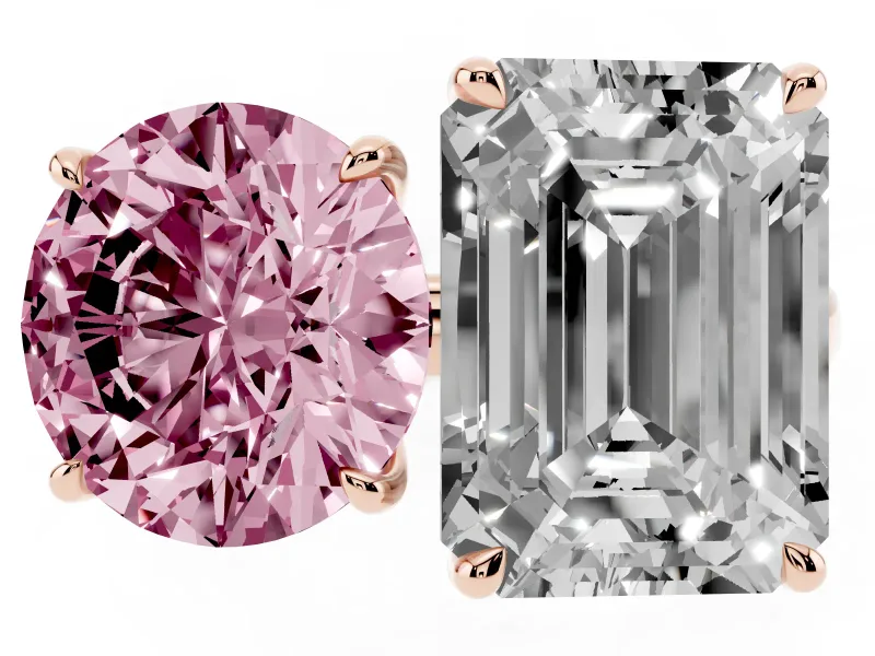 Fancy Pink Round Cut and Emerald Cut Toi Moi Ring Set in Rose gold with Prong Setting