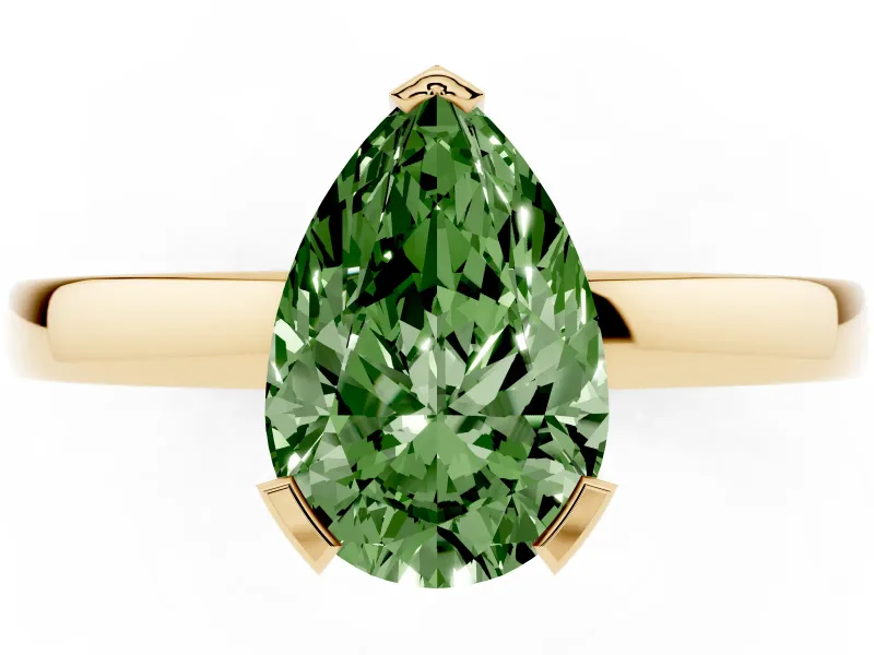 Fancy Green Pear Cut Diamond Solitaire Ring Set in Yellow gold with Prong Head and Smooth Polished Band
