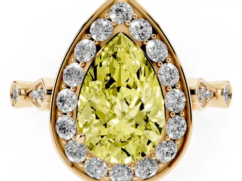 Fancy Yellow Pear Cut Diamond Halo Engagement Ring Set in Yellow gold with Twisted Band and Prong Setting