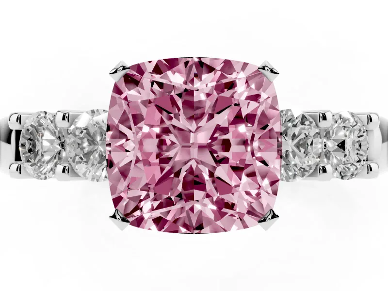 Fancy Pink Cushion Cut Diamond Five-Stone Prong Set Engagement Ring Set in White gold with Channel Band