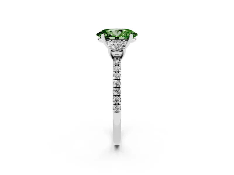 Fancy Green Oval Cut Diamond Three-Stone Ring Set in White gold with Pavé Band and Graduated Sides