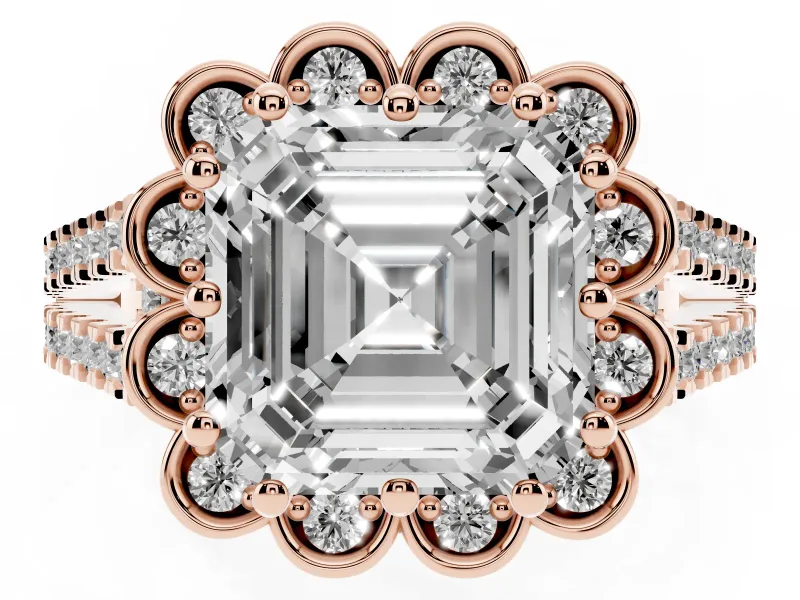 Asscher Cut Petal Frame Floral Halo Engagement Ring Setting | Pavé Split Shank | Rose Gold
