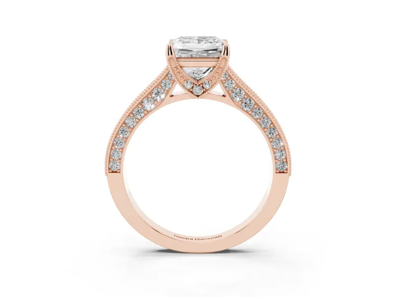 Princess Cut Vintage Hidden Halo Engagement Ring Setting | Milgrain Pave Band | Rose Gold