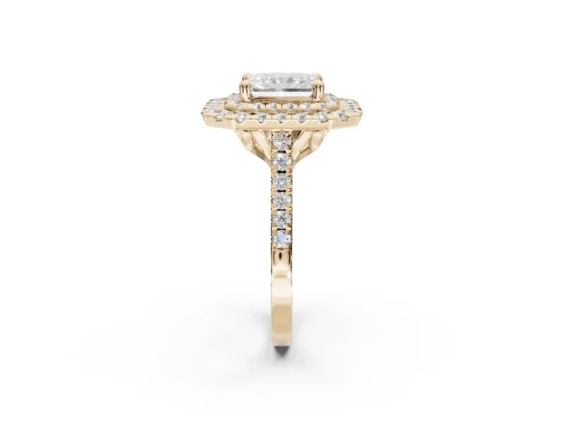 Radiant Cut Lab-Grown Diamond Double Halo Statement Ring Set in Yellow Gold with Pavé Band