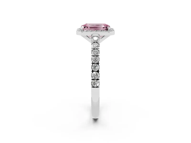 Fancy Pink Emerald Cut Diamond Halo Engagement Ring Set in Silver with Pavé Band and Prong Setting
