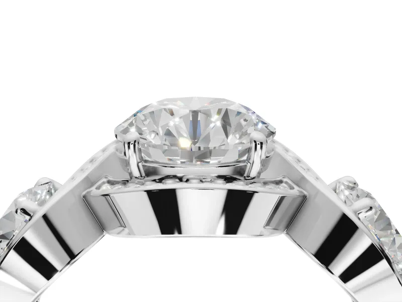 Round Three Stone Halo Engagement Ring Setting | Pavé Wave Band | Sterling Silver