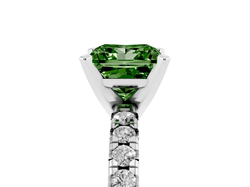 Fancy Green Princess Cut Diamond Solitaire Pavé Engagement Ring Set in Platinum with Round Band and Prong Setting