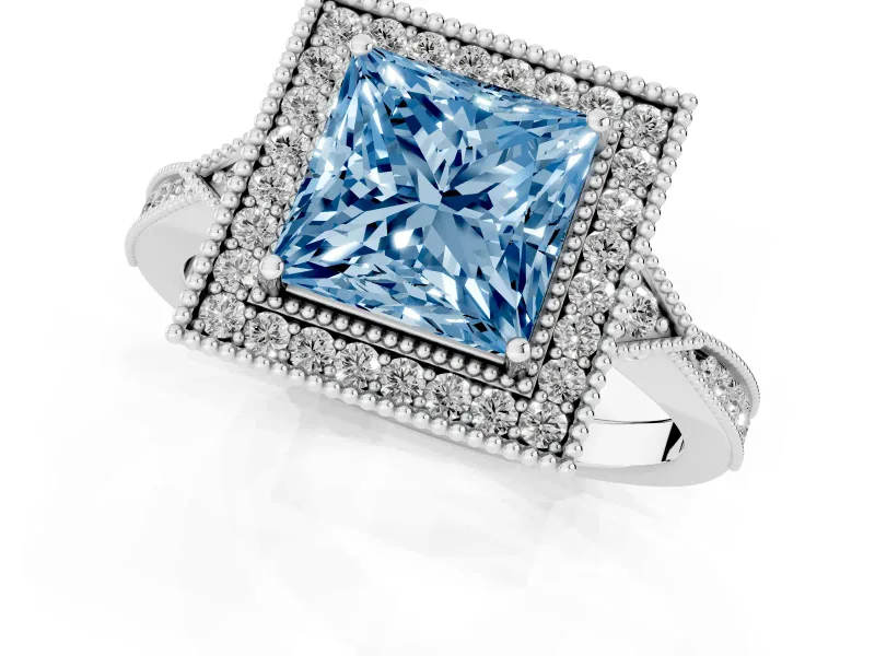 Fancy Blue Princess Cut Diamond Halo Engagement Ring Set in Silver with Milgrain Pavé Band
