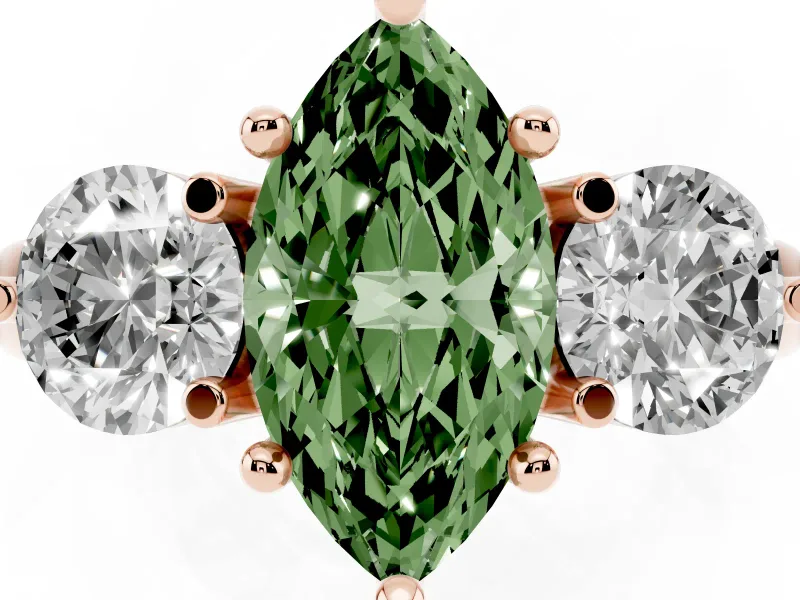 Fancy Green Marquise Cut Diamond Three-Stone Ring Set in Rose gold with Prong Setting and Classic Band
