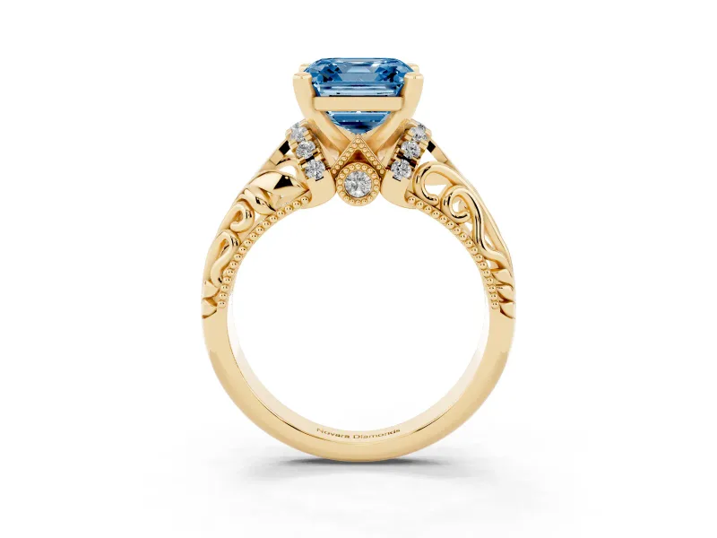 Fancy Blue Asscher Cut Diamond Filigree Halo Engagement Ring Set in Yellow gold with Prong Setting
