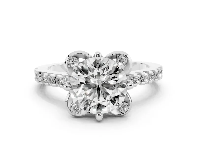 Round Cut Diamond Solitaire Ring Set in White gold with Pavé Band and Floral Prong Setting