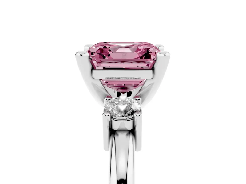 Fancy Pink Three-Stone Asscher Cut Diamond Ring Set in White gold with Prong Setting and Plain Band