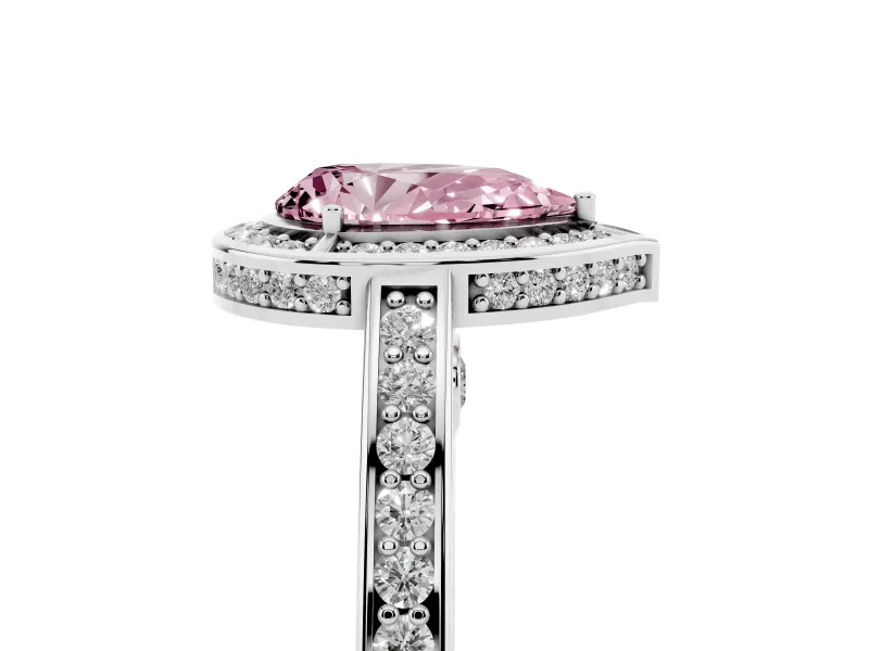 Fancy Pink Pear Cut Diamond Halo Pavé Split Shank Ring Set in Silver with Prong Setting
