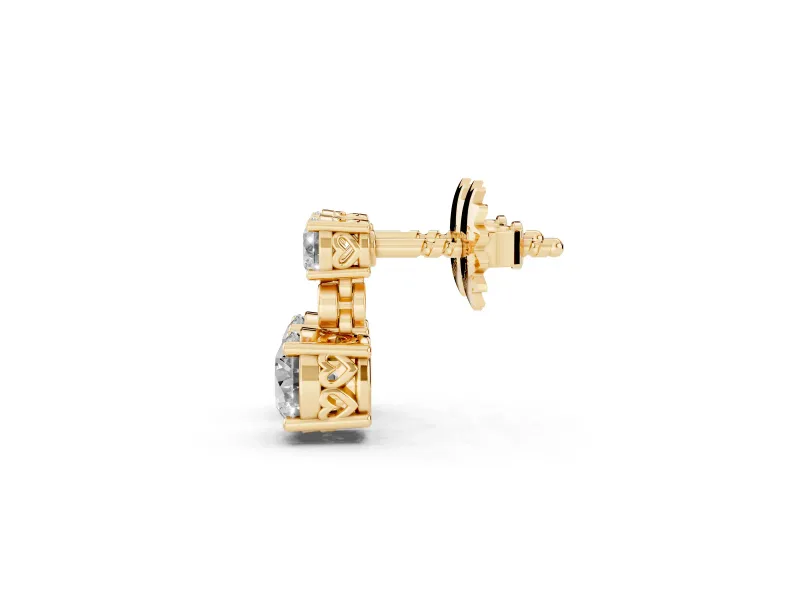 Round Lab-Grown Diamond Two Stone Drop Earrings | Bezel Accent Link | Yellow Gold