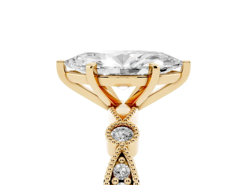 Marquise Cut Diamond Solitaire Engagement Ring Set in Yellow gold with Milgrain Bezel Accent Band