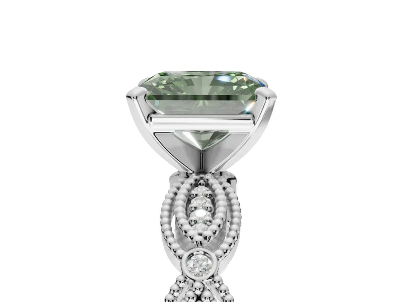 Radiant Cut Vintage Milgrain Engagement Ring Setting for a Fancy Green Lab-Grown Diamond | Graduated Stations | Platinum