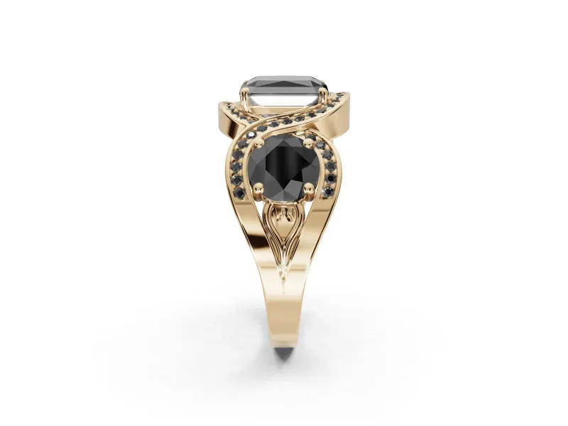 Radiant Cut Three Stone Engagement Ring Setting for a Black Center | Pavé Wave Band | Yellow Gold