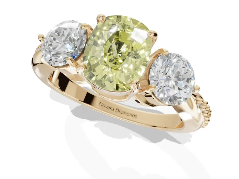 Cushion Cut Three Stone Engagement Ring Setting for a Fancy Yellow Lab-Grown Diamond | Tapered Pave Band | Yellow Gold