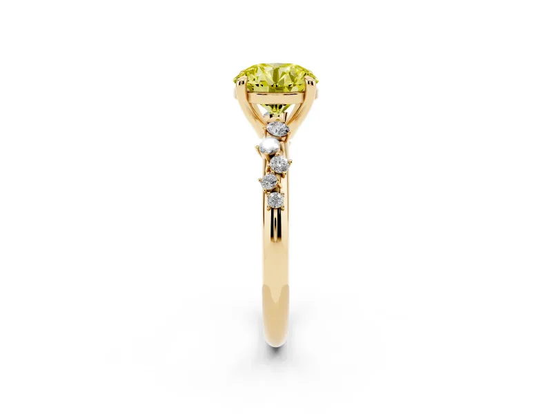 Fancy Yellow Round Cut Diamond Solitaire Vine Band Ring Set in Yellow gold with Round Accents and Prong Setting