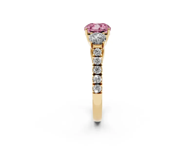 Cushion Cut Engagement Ring Setting for a Fancy Pink Lab-Grown Diamond | Three Stone | Yellow Gold